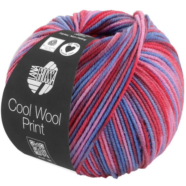 Lana Grossa Cool Wool Print 836 Tomate/Fliederrosa/Tauben-/Veilchenblau/Wein-/Dunkelrot 50g